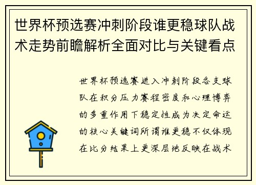 世界杯预选赛冲刺阶段谁更稳球队战术走势前瞻解析全面对比与关键看点